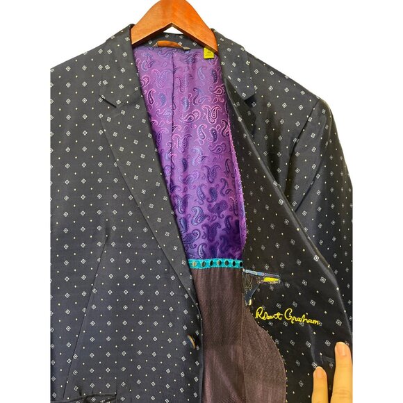 Robert Graham Mens Navy Polka Dot Silk Blazer Jacket Purple Paisley Lining Sz 46 - Picture 8 of 8